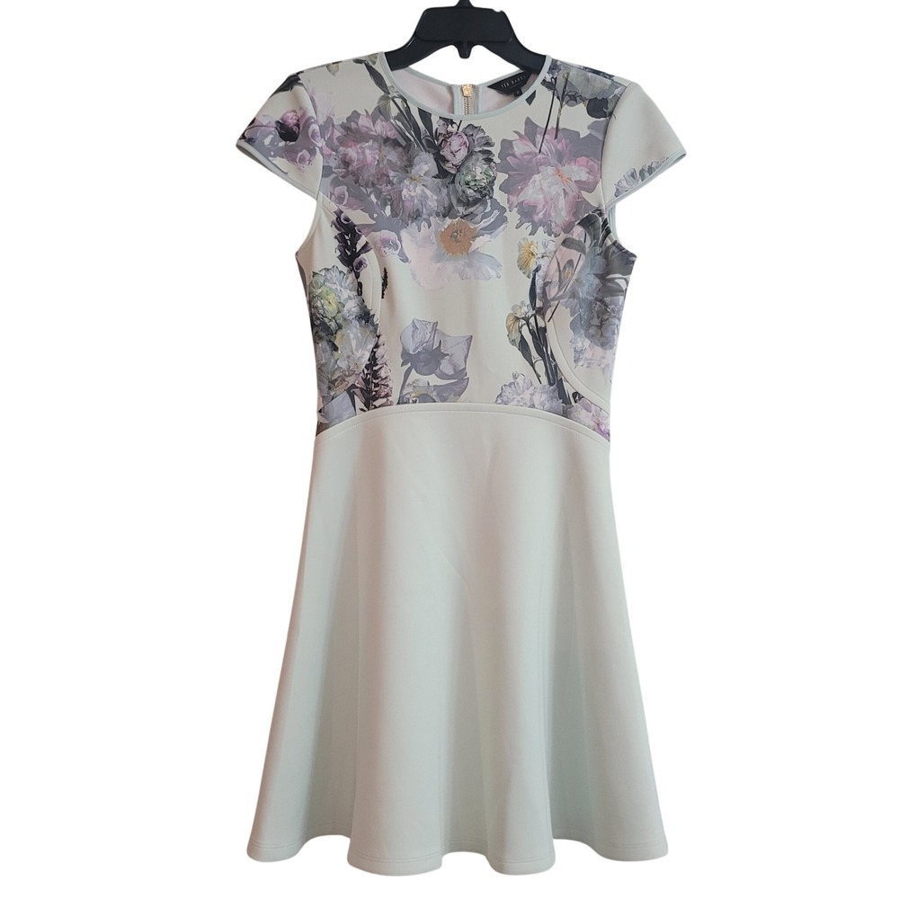 Ted Baker Size 2 Faythe Floral Skater Dress Womens Mint Green Fit & Flare Scuba